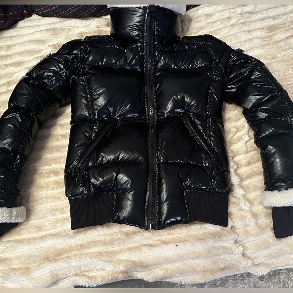 New SAM. Nikki Quilted Down Puffer Lamb Shearling Trim Glossy Black Coat Size S - Picture 4 of 16
